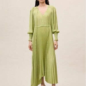 Rebecca Taylor Pleated Sateen Long-Sleeve Dress In Avocado Size S NWOT